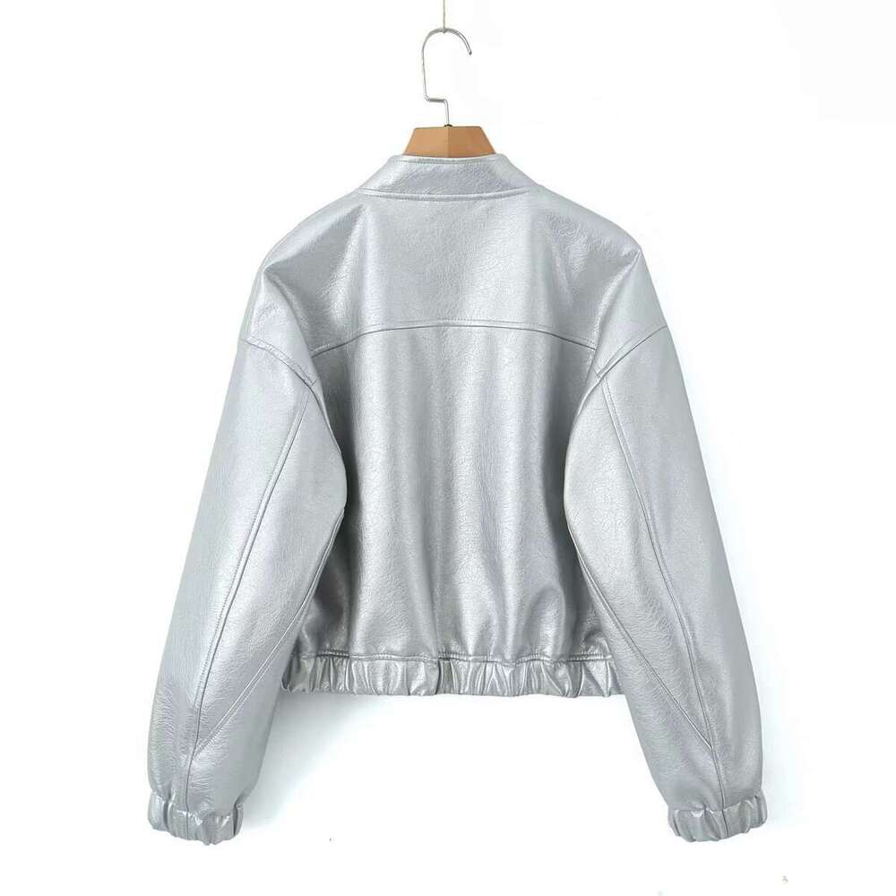 shanshi leather jacket women Spring New Metal Silver Short Leather Jacket for Women