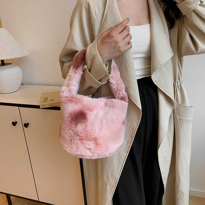 Plush Bags for Women Handbag Versatile Autumn and Winter Bucket Bag Contrasting Color Hand Bags Shopping Totes Wallet 241111
