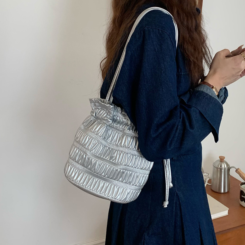 Silver Pleated Drawstring Shoulder Bucket Bags Women Designer Soft PU Leather Small Handbags Female Casual Purse Underarm Bag