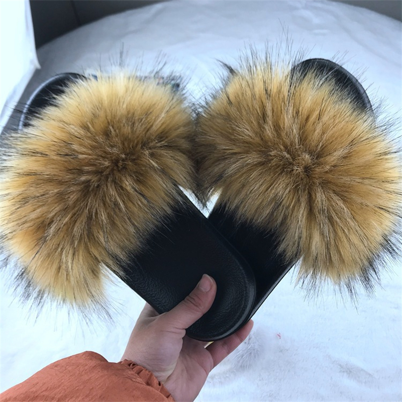 Faux Fur Slippers Women Home Fluffy Flat Slides Comfort Furry House Shoes Winter Sweet Shoes Female Slipper Indoor Flip Flops