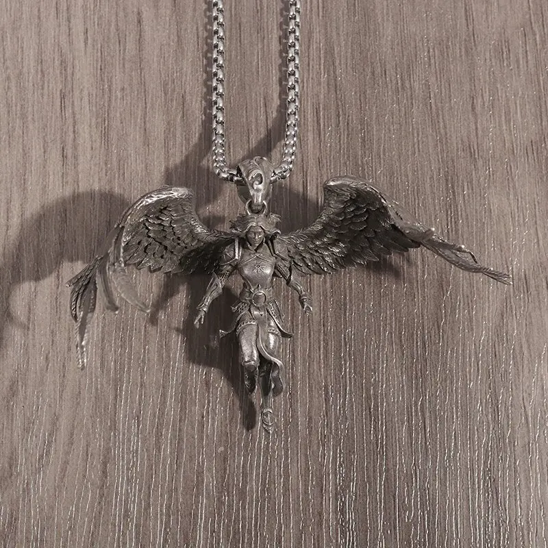 Personality Delicate Mythical Character Lucifer Black Winged Angel Pendant Necklace for Men Women Pagan Vintage Gothic Jewelry