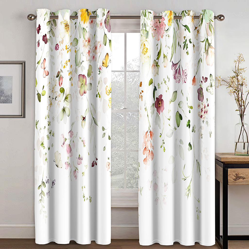 3D Digital Printing Curtain for Kitchen, Short Window Curtains, Floral and Flowers, 2 Panels