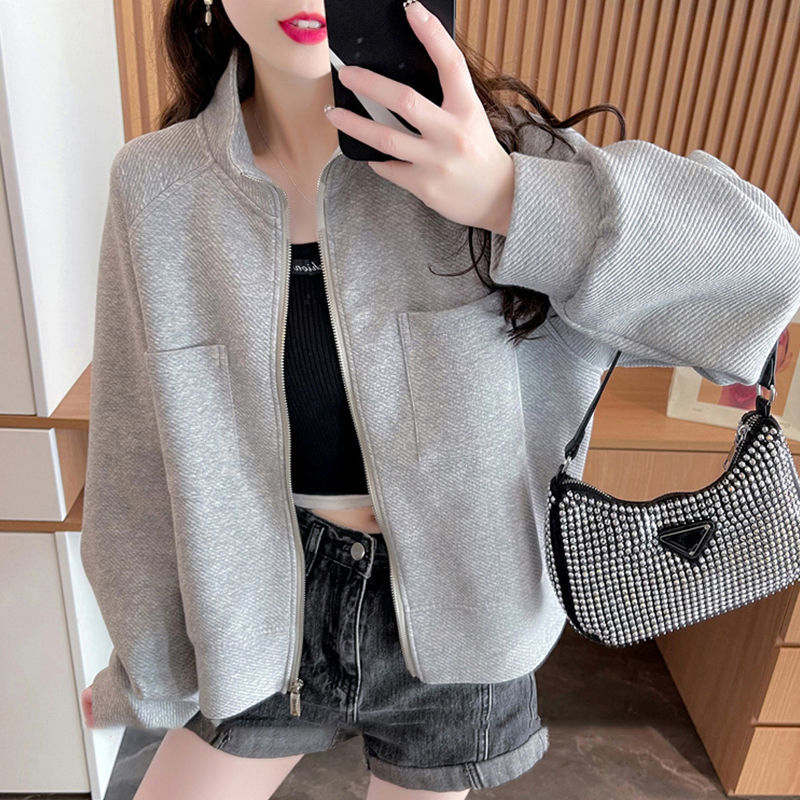 Spring Autumn Korean Style Stand Collar Long Sleeve Top Female Zipper Cardigan Coat Women Casual Kawaii Loose Sweatshirt Jackets