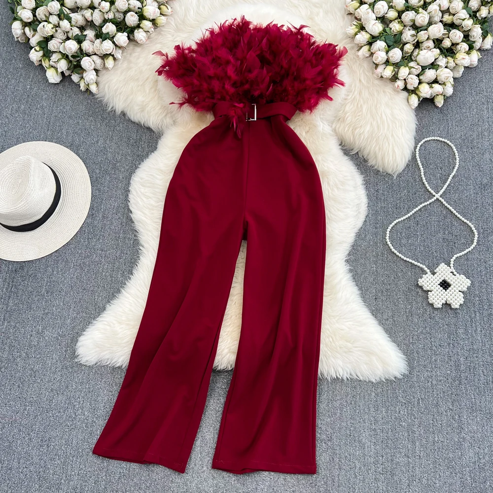 Feather Spliced Elegant Belt Jumpsuits for Women Tassels High Waist Solid Colours Straight-leg Pants Chic Skinny Femme Bodysuits