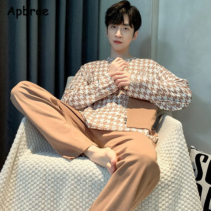 100% Pure Cotton Pajamas for Men Autumn Winter Fashion Oneck Pajama Long Sleeved Full Pants Sleepwear Plus Size L3XL Homewear 241111