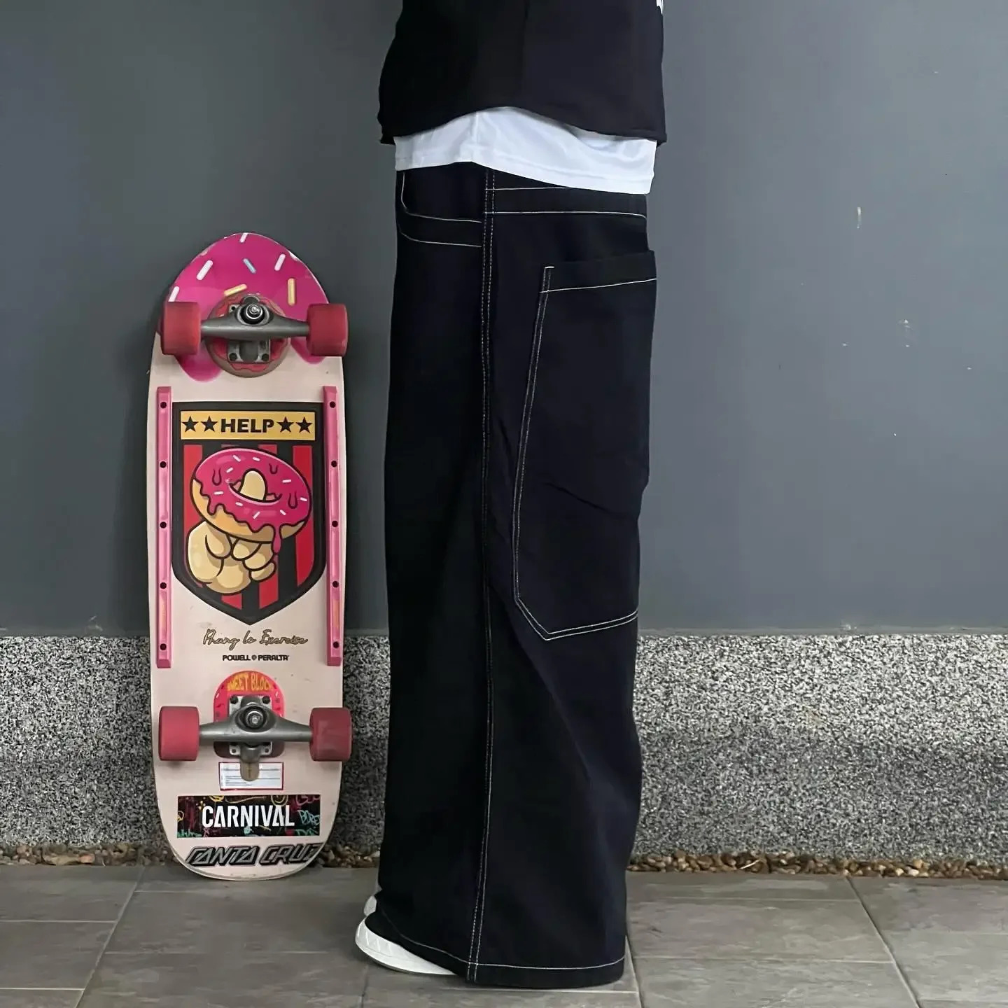 Retro High Waist Wide Graphic Embroidered Baggy Jeans Hip Hop Streetwear Y2K Men Women Gothic Trouser Harajuku Black Pants 241111