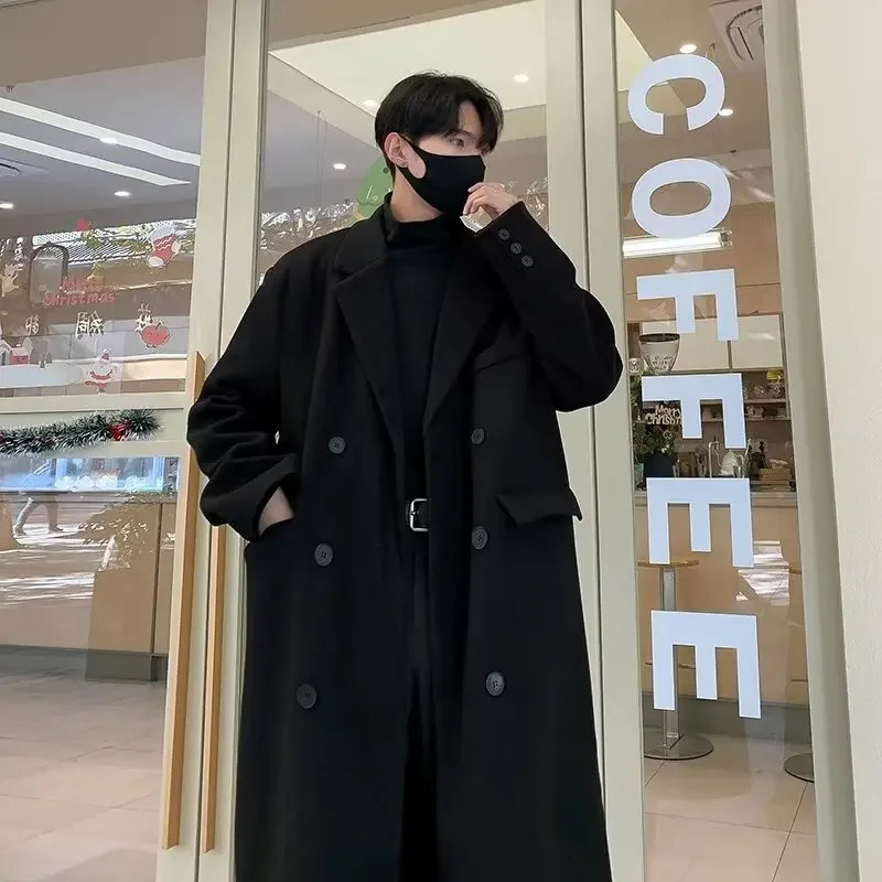 Winter Woolen Overcoat For Men Medium-length Casual Loose Fit Double Breasted Jacket Trendy Fashion Outerwear 241111