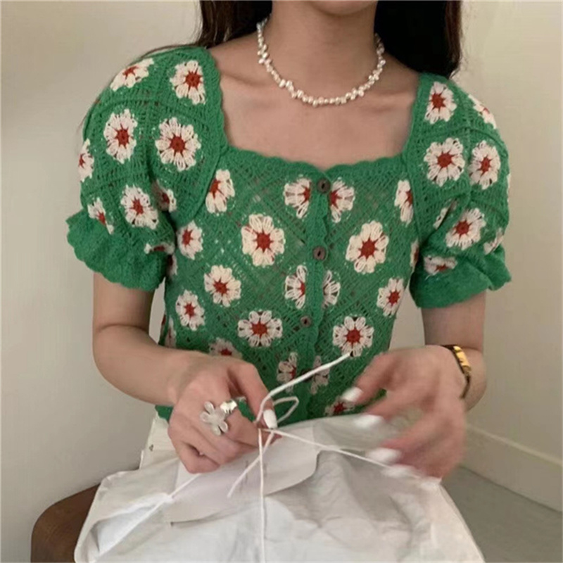 Vintage Flower Crochet Crop Top Casual Women Knitting Short Sleeve Embroidery T-Shirt Cute Elegant Square Collar Blouse P751