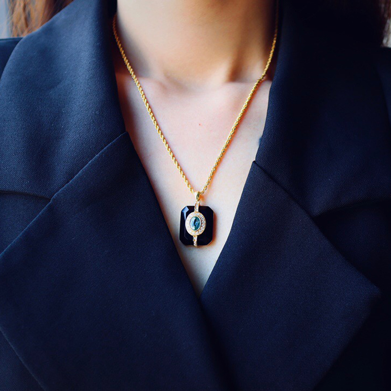 CSJ New Natural Blue Topaz Pendants Sterling 925 Silver Blacke Agate Necklace for Women Birthday Party Sparking Jewelry Gift