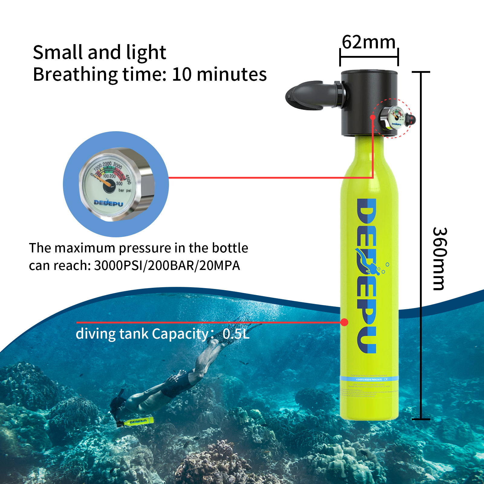 DEDEPU Scuba Diving Tank Mini Diving Cylinder Equipment Snorkeling Dive Bottle Oxygen With Hand Pump Dive Goggles Snorkeling