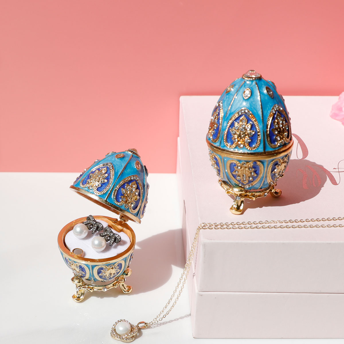 Blue Vintage Faberge Style Egg Trinket Box - Unique Hand Painted Enameled Jewelry Box, Collectible, Unique Gift for Home Decor