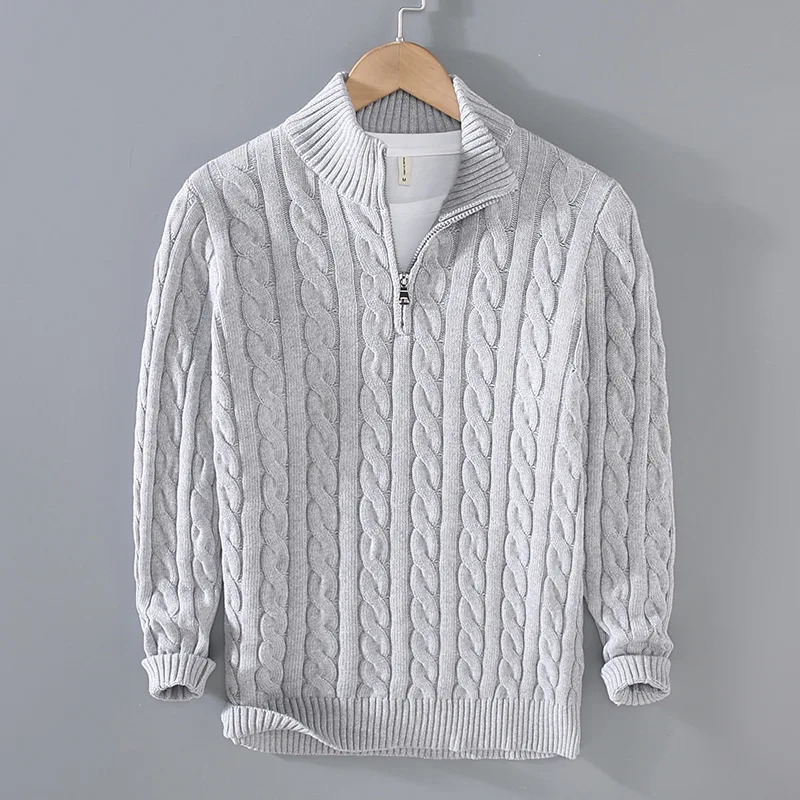 Autumn Winter Men pullover Sweater Mens Stand Collar Half Zip Cotton 100% Thickened Knit Solid Color High Street Clothes 241111