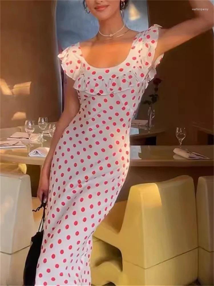 Casual Dresses French Elegant Red Polka Dot Midi Dress For Women 2024 Summer Temperament Ladies Ruffle Edge Holiday Long Robes