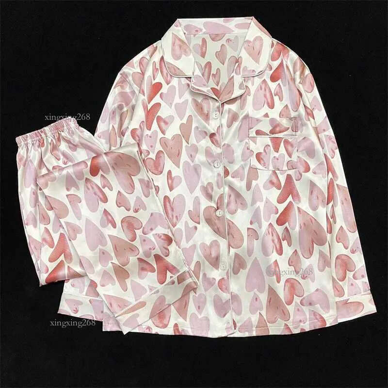 Women's Sleepwear Womens Pajamas Sets Spring Autumn 2 Piece Print Heart Pyjama Faux Silk Satin Sleepwear Long Sleeve Pijama Mujer Pjs Homewear Q5
