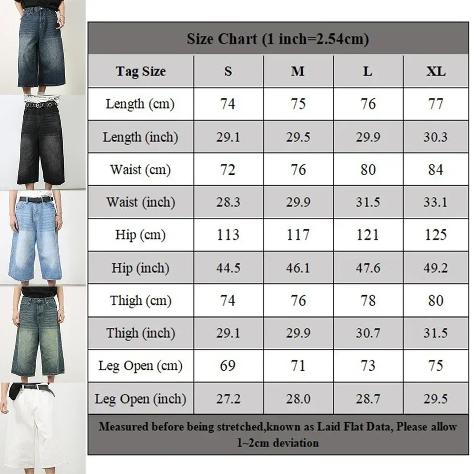 Mens retro Y2k loose fit slim shorts with wide legs and high waist washed knee jeans 241108