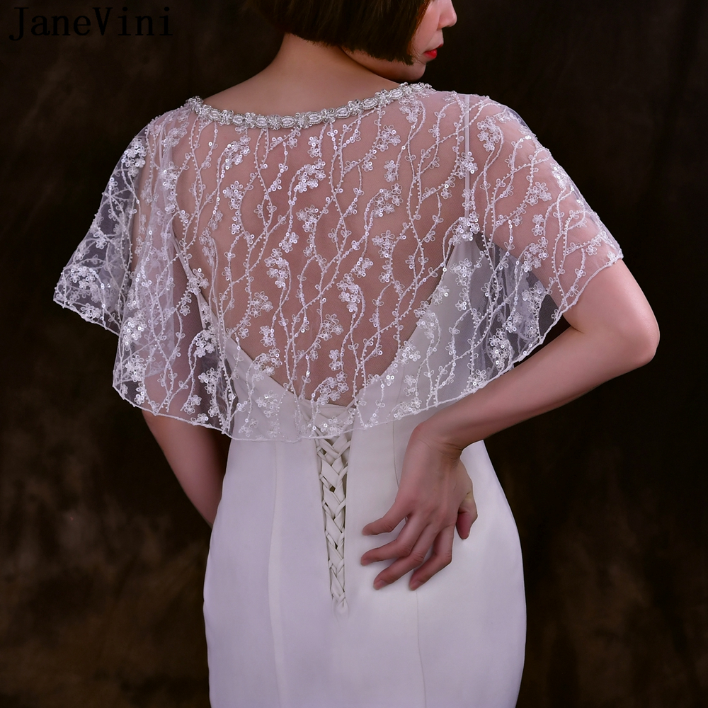 JaneVini Luxury Sequined Wedding Shawl Boleros Sparkly Beaded Pearl Bridal Coat Wraps Party Capes Tulle Lace Flowers Jacket Top