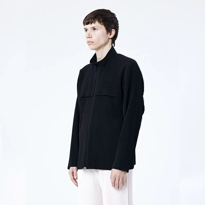 Miyake Pleated Men Jacket 2023 Spring New Solid Color Stand-up Collar Cardigan Zipper Coat