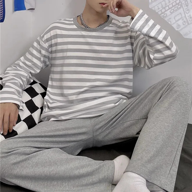 Cotton Men Pajamas Plus Size Autumn and Winter Striped LongSleeved Trousers 2 Piece Set Sleepwear Casual Breathable Home Wear 241111
