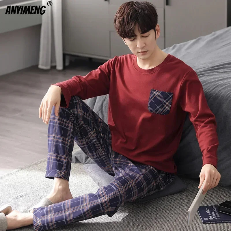 Boys Plus Size Pajama Set Solid Round Neck Knitted Cotton Pijamas Sets for Men 4XL Pijama Autumn Winter Casual Mens Sleepwear 241111