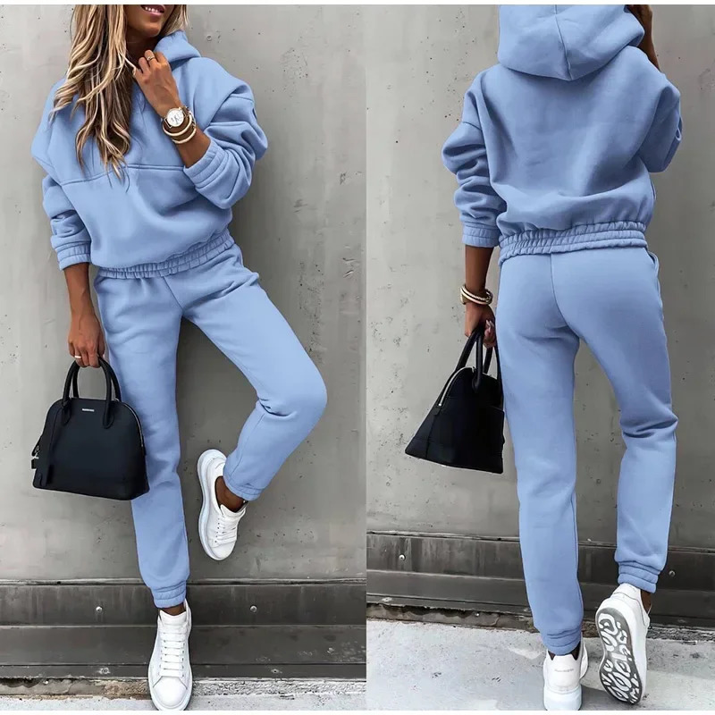 Hoodies Suit Autumn Winter Solid Casual Tracksuit Women Fleece 2 Pieces Set Sports Sweatshirts Pullover Home Sweatpants Outfits 241111