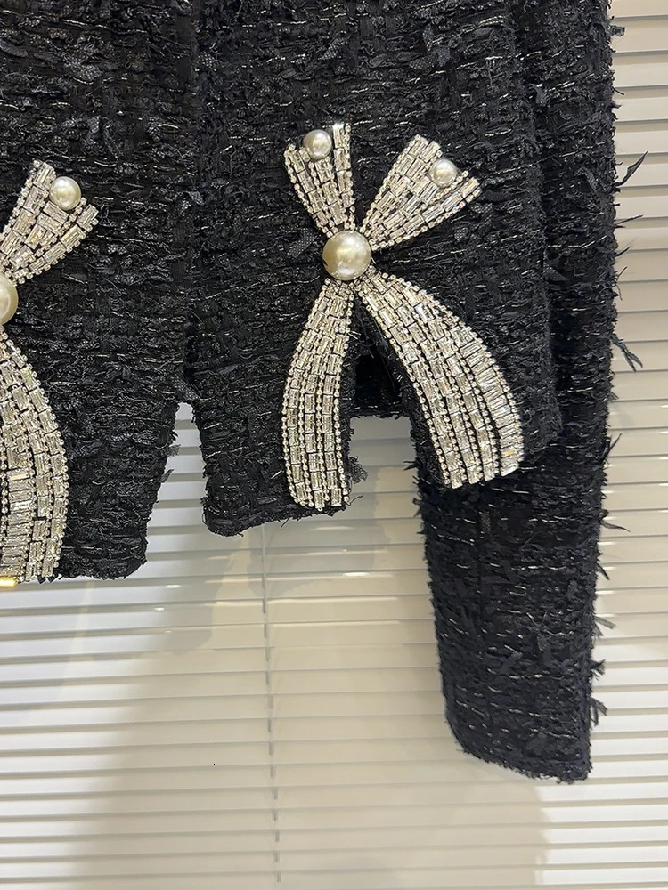 DEAT Fashion Womens Daimonds Bows Shoulder Pad Tweed Caots Autumn Items Oneck Long Sleeves Jackets Female 11XX6643 241111