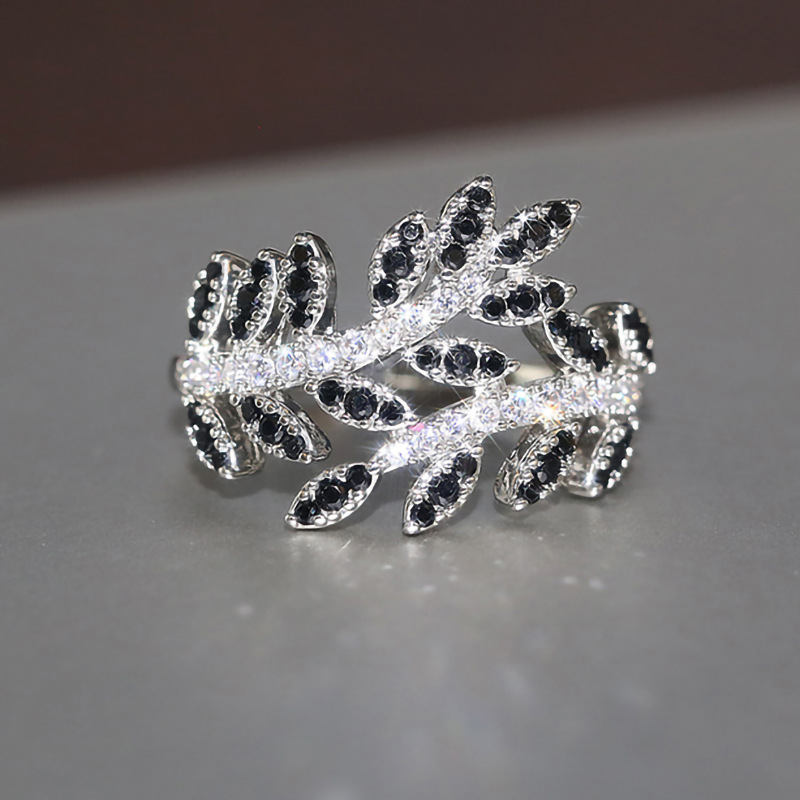 Ring fashion design black leaf diamond ring women white crystal ring white gold solitaire ring luxury jewelry