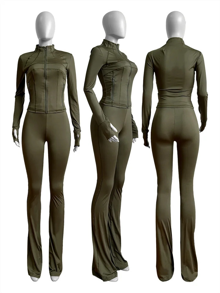 Autumn And Winter Long Sleeves Zipper Crop top Suits Tracksuits Womens Fashion Pants Female Soild 2 Piece Sets 241111