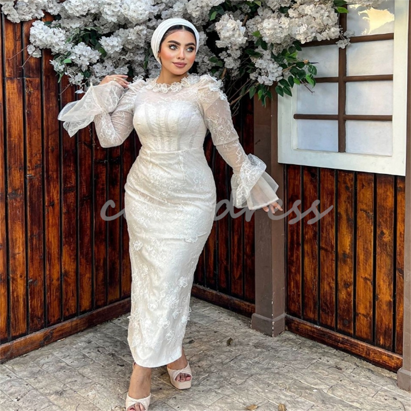 Stunning Saudi Arabic Wedding Dresses With Flowers Elegant Lace Mermaid Gatsby Bridal Gown Long Sleeve Turkish Vestio De Novia Charming Short Bride Dr