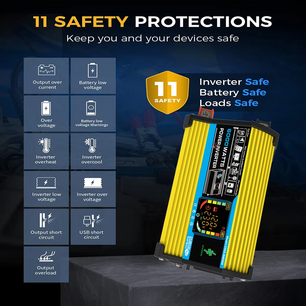 6000W Car Inverter DC 12V To AC 110V 220V Dual USB Intelligent Power Inverter LCD Display Vehicle Smart Inverter for Tablet RV