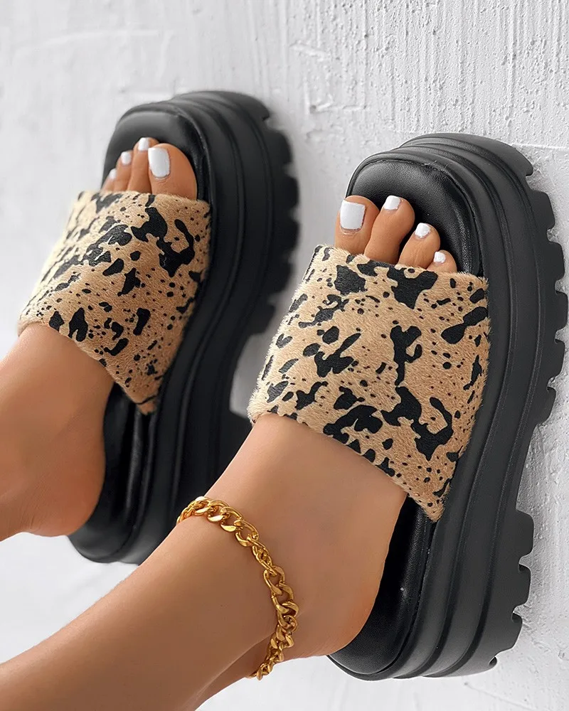 Slippers Women Leopard Wide Strap Platform Summer Brand New Single Band Platform Sandals Chunky Platform Wedges Slipper Sandals