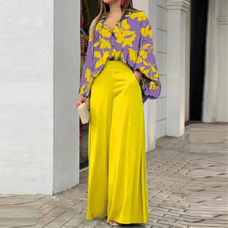 Plus Size Print Womens Set Long Sleeve Shirt Tops and Straight Wide Leg Pants Elegant Tracksuit Two 2 Piece Fitness Outfits 240329