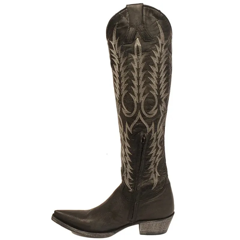 2024 Embroidered Cowgirl Shoes Women Slip On Western Knee High Fashion Low Heels Square Toe Cowboy Boots 240619 241119