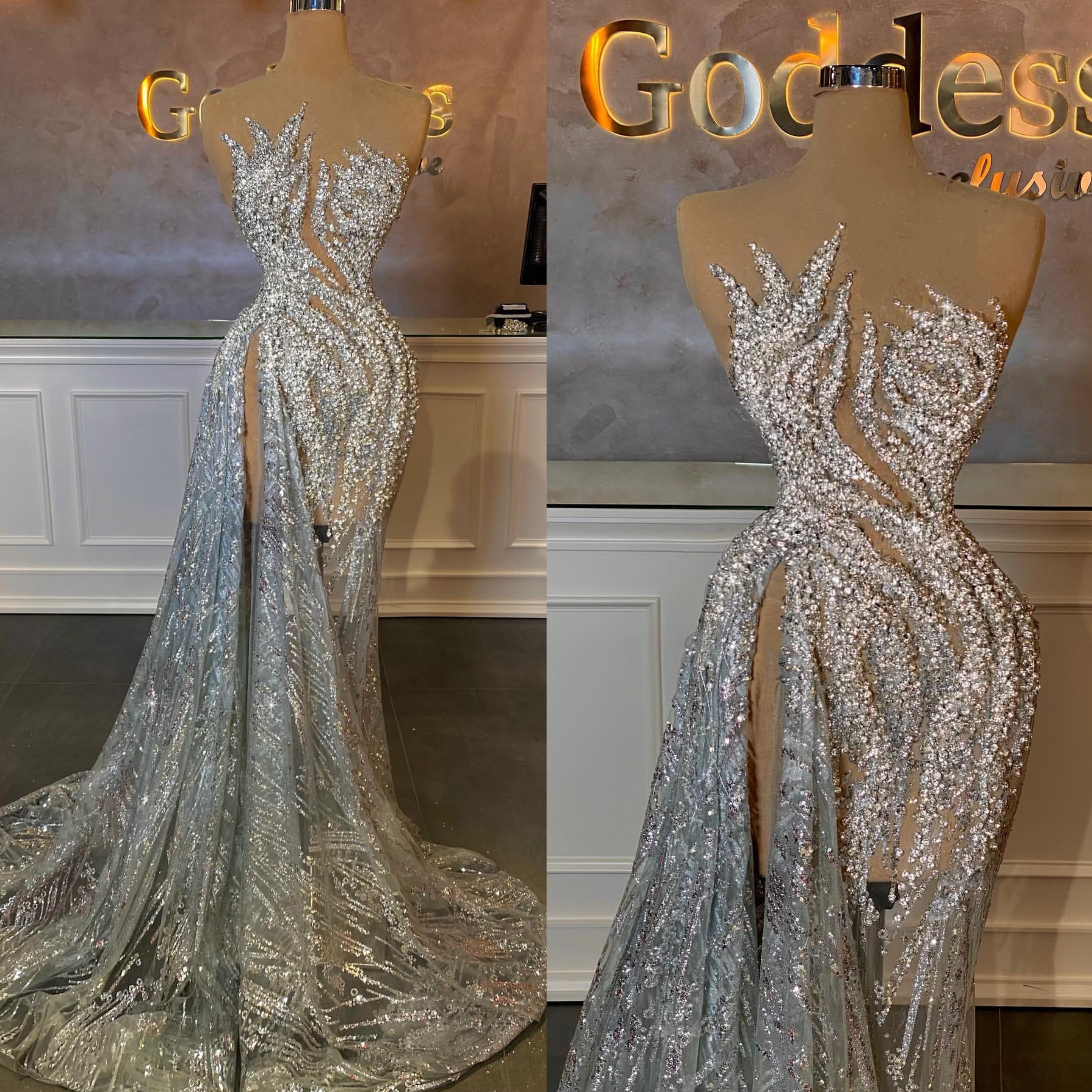 Crystal Fabulous Mermaid Evening Elegant Strapless Prom Dress Backless Beaded Sweep Train Thigh Split Formal Dresses For Women
