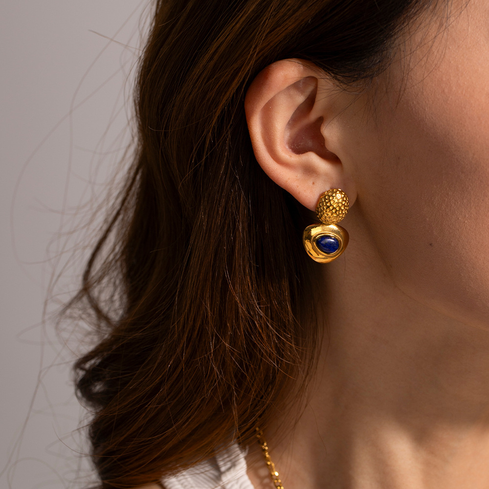 Fashionable 18k Gold Stainless Steel Earrings for Women's Lapis Lazuli Oval Hammer Pattern Connection Triangle Banquet Party Designer Earrings