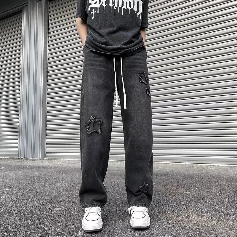 Mens Star Embroidered Ripped Baggy Jeans High Street Straight Denim Pants Autumn Hip Hop Fashion Y2K Vintage Jean Trousers 241111