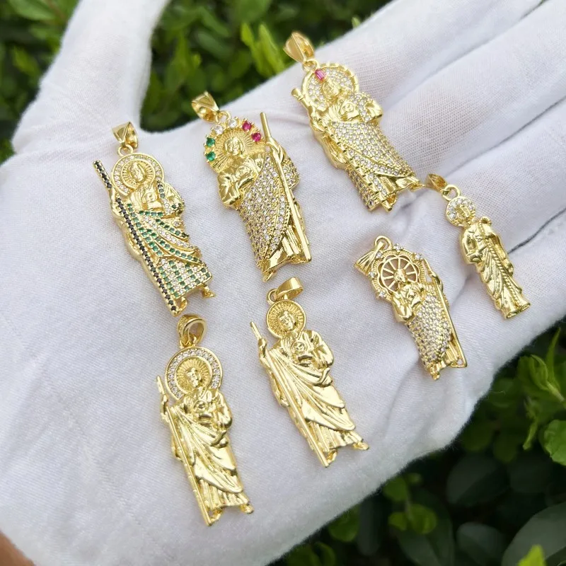 18K Gold Plated San Judas Tadeo Charm Catholic Mexico Cubic Zirconia Saint Jude Pendant Necklace for Women Jewelry Supplies