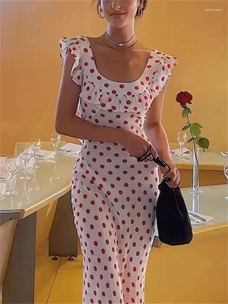 Casual Dresses French Elegant Red Polka Dot Midi Dress For Women 2024 Summer Temperament Ladies Ruffle Edge Holiday Long Robes