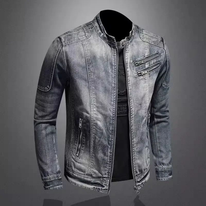 European style mens denim jacket with unique retro slim fit and fashionable casual top 241108