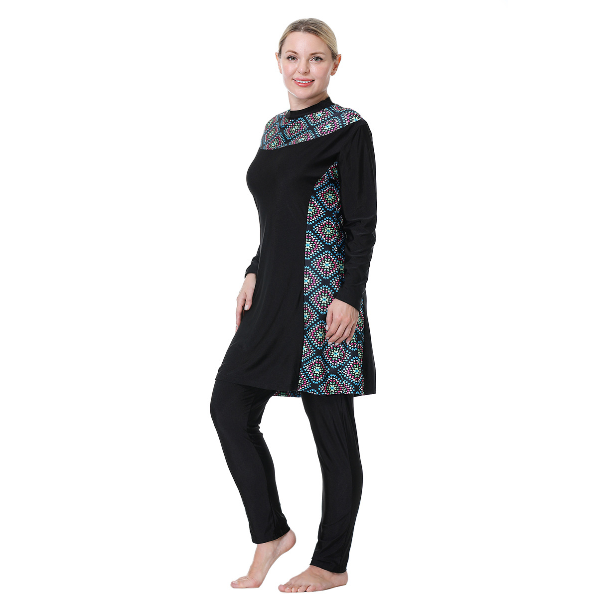 3 Piece Set Print Muslim Swimwear Women Long Sleeve+Top Hat+Pant Swimsuit Khimar Dubai Turkey Islam Clothing Burkini Mujer 2024