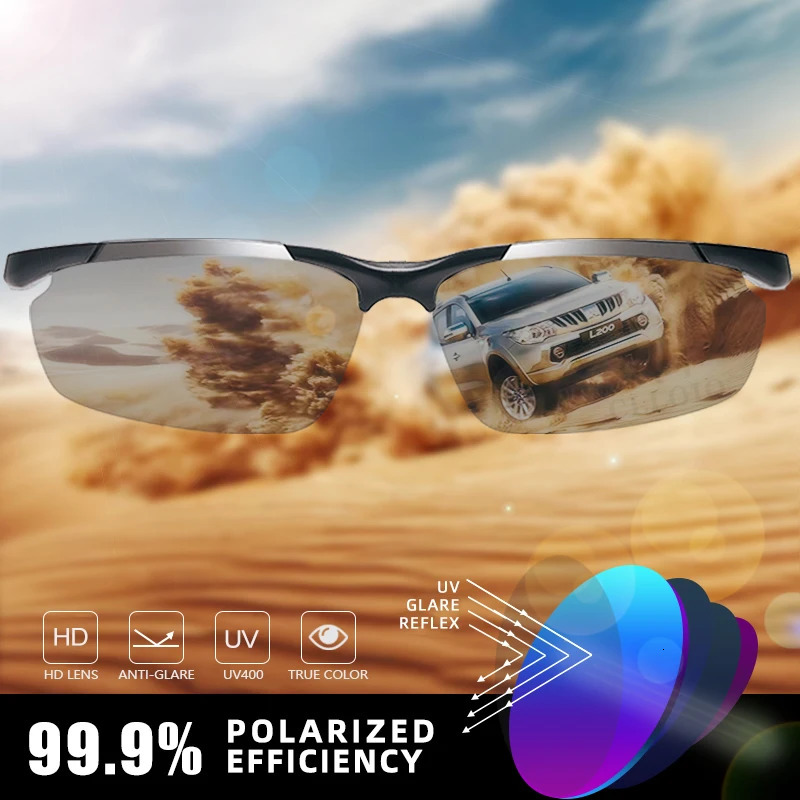CLLOIO Top Quality Aluminum Polarized Pochromic Sunglasses Men Rimless Day Night Driving Glasses Anti- Chameleon Eyewear 240321