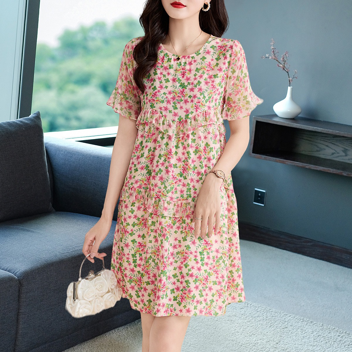 Oc412N75 Customization Top Skirt Silk Women's Autumn Dress High Quality Printed Slim Fit Silkworm Multi Color Loose Waist for Daily Commuting Cas