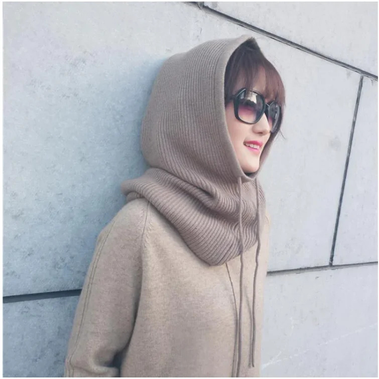 Cashmere Wool Hats Bib One Female Winter Thick Knitted Skullies Version Cap Women Earmuffs Collar Soft Warm Beanies Hooded Scarf 241108