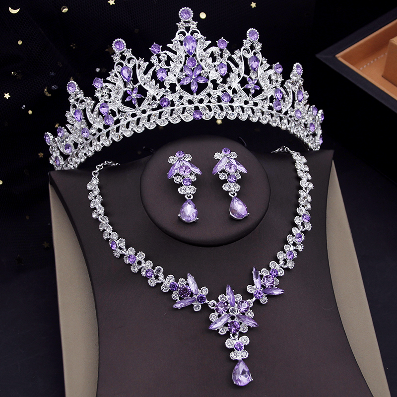 Gorgeous Purple Crown Bridal Jewelry Sets for Women Tiaras Necklace Earring Wedding Choker Set Bride Evening Jewelry Accessories