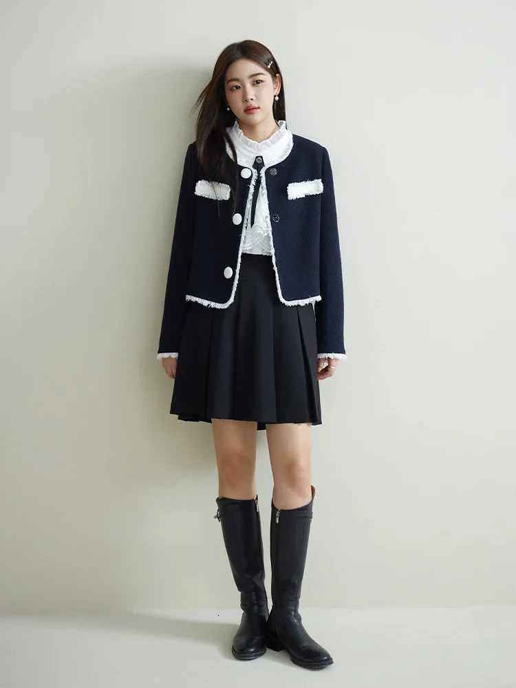 DUSHU Color Blocking Tassel Border Coarse Tweed Jacket For Winter Wool Blend Short Office Lady Women 241111