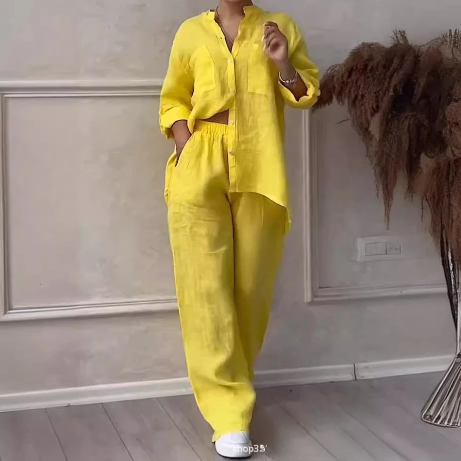 Elegant Women Linen 2 Piece Set Long Sleeve Shirt Wide Leg Pants Plain Color Loungewear Fall Winter Two Piece Matching Outfits 241111