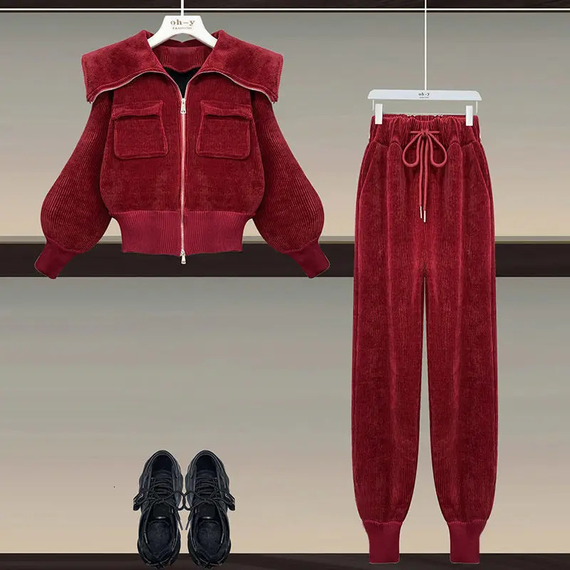 Corduroy Set Womens Spring and Autumn Polo Neck Slim Coat High Waist Casual Pants Two Piece Clothes for Women 241111