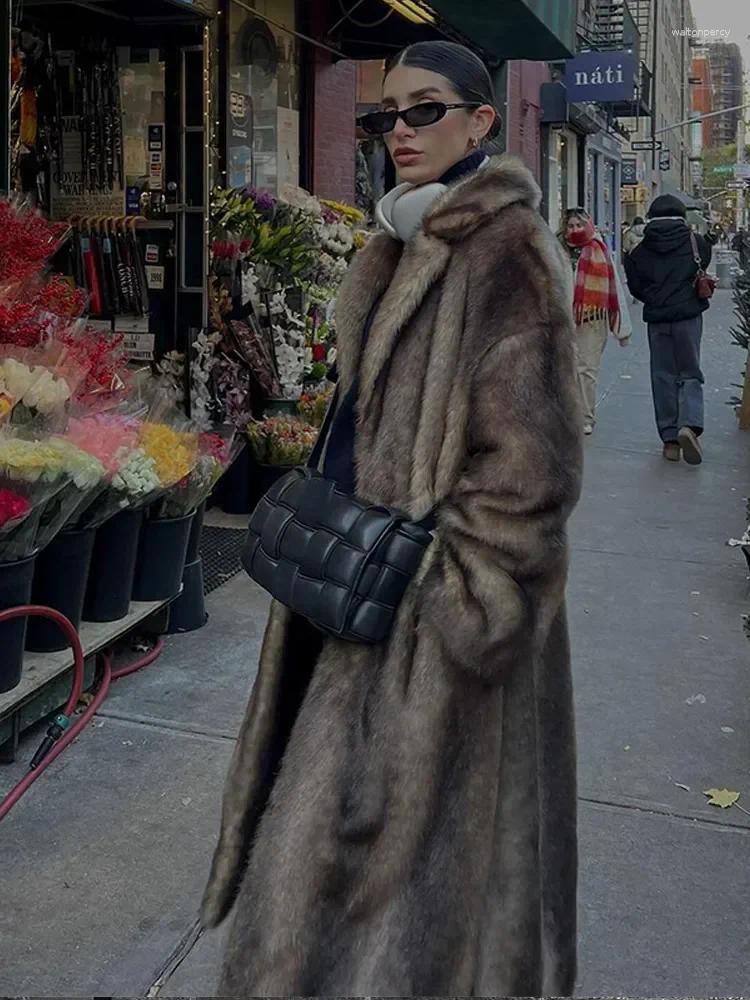 Women's Fur Coat Winter Fluffy Plush Warm Thicken Outerwear Dark Brown Faux Long Overcoat Single Breasted Fleece Trench