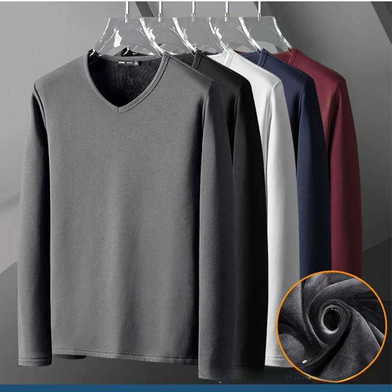 Winter mens underwear long sleeved warm wool T-shirt Velet T-shirt solid color V-neck top winter ultra-thin warm T-shirt 241111