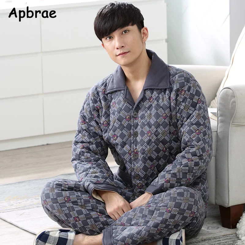 Deep Blue Pajama Sets Winter Thick Sleep Tops Nightwear Plus Size L3XL Loungewear Three Layer Cotton Sleepwear for Men 241111