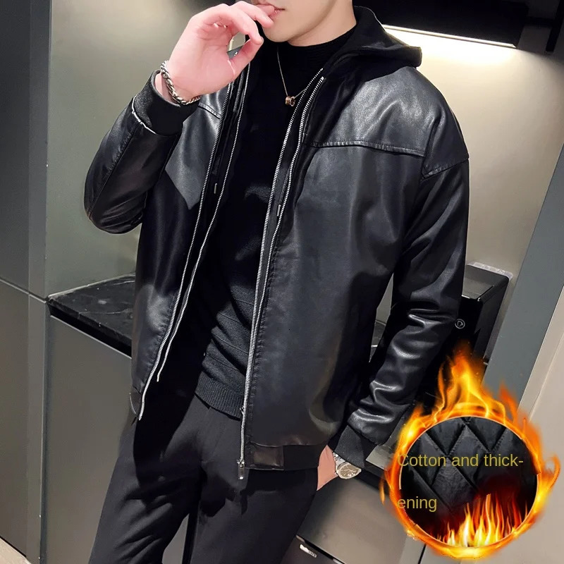 Man Fake Two Motorcycle Leather Jackets Fashion Hooded Jacket Fabric Soft Version Loose 241108